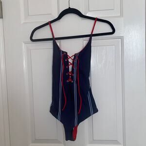Tavik Monahan Lace Up Striped One Piece Swimsuit Blue Red Size Small  NWT